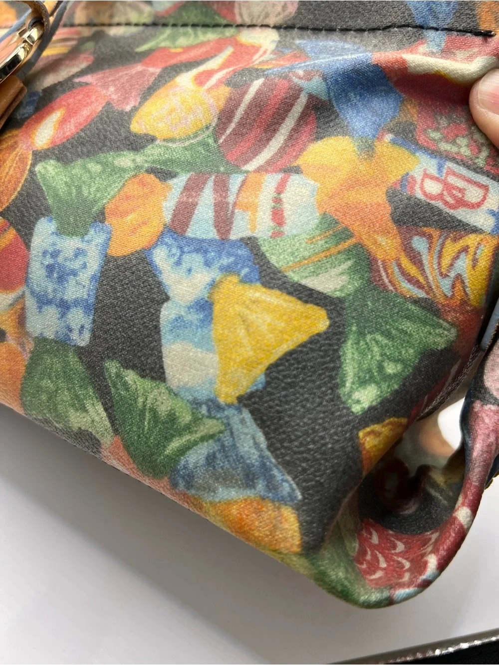 Dooney & Bourke Multicolor Printed Satchel with Tan Leather Trim